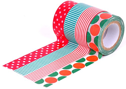 HIART Repositionable Washi Tape, Dots and Stripe Christmas Select, Set of 4