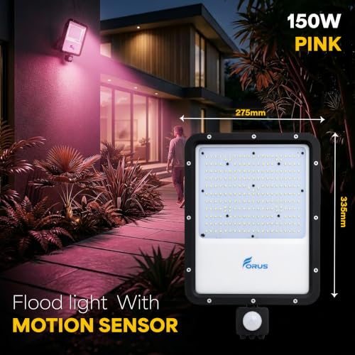 Image of Forus 150W LED Flood Light Pink with Motion Sensor Auto On Off Day Night Mode Waterproof Outdoor Security Light for Garden Parking Garage Factory Warehouse Shop High Bright Floodlight 4Yr Warranty-1Pc