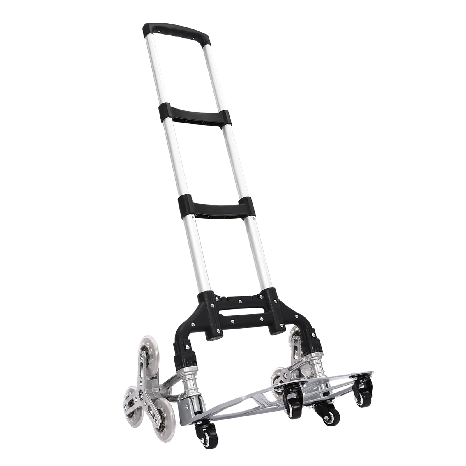 Carro de escalera plegable, carro de mano extensible | negro + plata | 48 x 6 x 106 cm | cada lado tiene 3 ruedas de PVC |