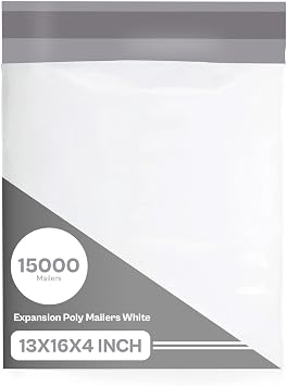 PSBM 15000 PCS 13 x 16 Inch White Expansion Poly Mailer, Self Seal Expandable Gusseted Shipping Envelope, Ideal for Packing and Shipping Cloths, Documents, Books, Gifts, Jewelry and More
