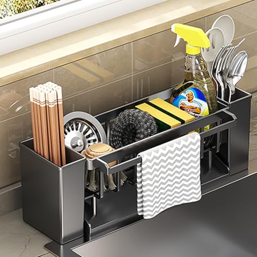 3-Compartment Utensil Holder with Towel Bar, Self-Draining Tray Design for Kitchen Counter, Durable Dish Drainer Rack to Organize and Dry Kitchen Utensils (Gray)