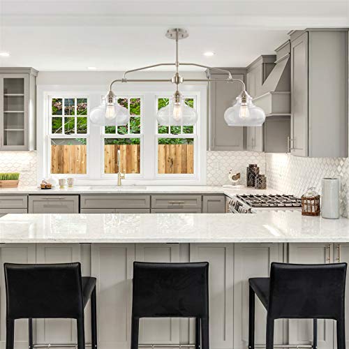 Kira Home Harlow 38" Modern Industrial Farmhouse/Schoolhouse 3-Light Island Light with Clear Glass Shades, Adjustable Hanging Height, Brushed Nickel Finish - Image 3