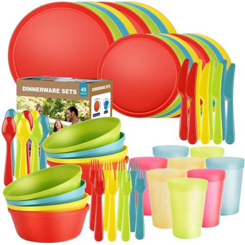 40 Piece Plastic Dinnerware Set for 8 with Cutlery, Unbreakable Plates and Bowls Set, Dishwasher & Microwave Safe Reusable Dish Set for Camping, RV, Outdoor Kitchen, Apartment Dining,Rainbow Multicol