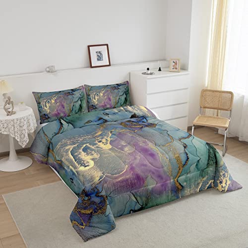 Erosebridal Golden Marble Grain Bedding Set Twin,Gradient Marble Texture Duvet Insert Marble Pattern Printed Abstract Comforter Set Ink Fluid Art Down Comforter Pastel Purple Teal Green Marble Decor #TOP1