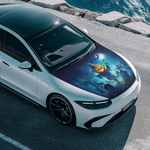 Image of Pumpkin Head Scarecrow Print Car Hood Cover Waterproof Car Hood Protector Stretchable Halloween Automotive Outdoor Decorations for Compact Sedans SUV Trucks (59x39 Inch)
