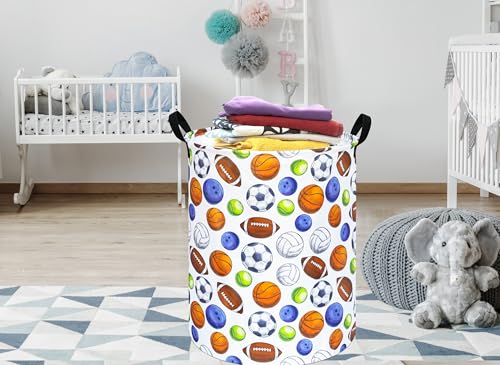Image of 19.7 inch Round Kids Laundry Basket Gift Baskets Storage Laundry Hamper Toys Nursery Bin with Handles,Storage Basket for Childrens Room Bedroom Decor (BALLS)