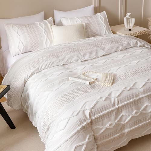 Pureant Boho Beige Comforter Sets Queen Size White Farmhouse Bedding Comforter Set Soft Tufted Geometric Quilts Clipped Jacquard Stripes Comforter Bohemian Women Men White Khaki Soft Bedding by Pureant - Image 3