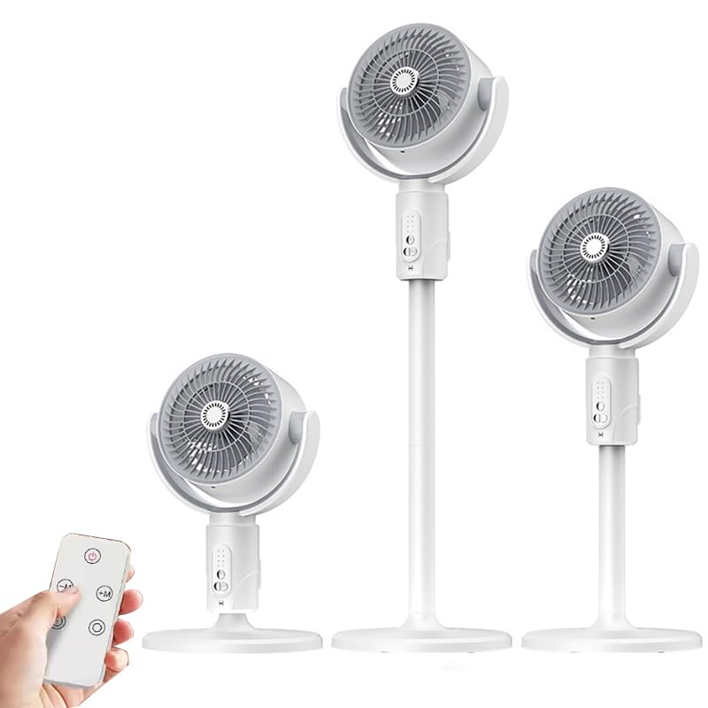 20dB Quiet Smart Pedestal Fans,8H Timer with Remoter, Auto 180°+90° Oscillating Standing Fan, 4000mAh Rechargeable Battery USB Powered Floor Fan,5 Speeds, Adjustable Height, Standing Fan (White)