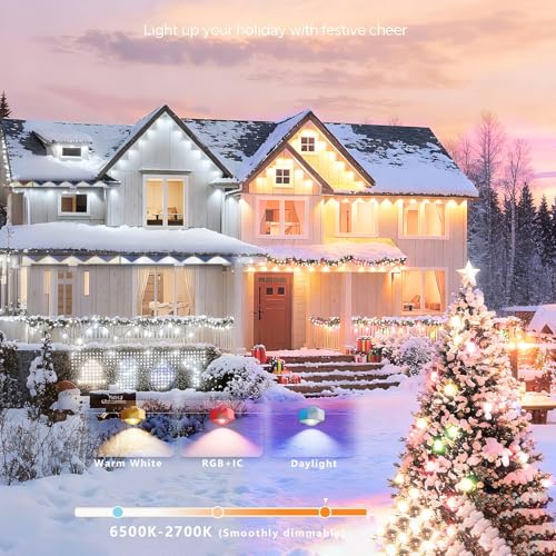 Image of rosykite Permanent Outdoor Lights for House,100ft RGB+IC Color Eave Lights | Tunable Warm to Cool White 60lm for Daily Lighting,Super Bright, IP67 Waterproof, Alexa Google APP Remote Control