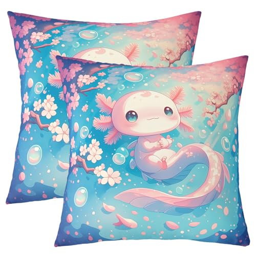 richhome Juego de 4 fundas de almohada de ajolote de dibujos animados para el hogar, sofá, cama, sofá, estampado de flores de cerezo, fundas de almohada para niños y niñas, lindas fundas de cojín