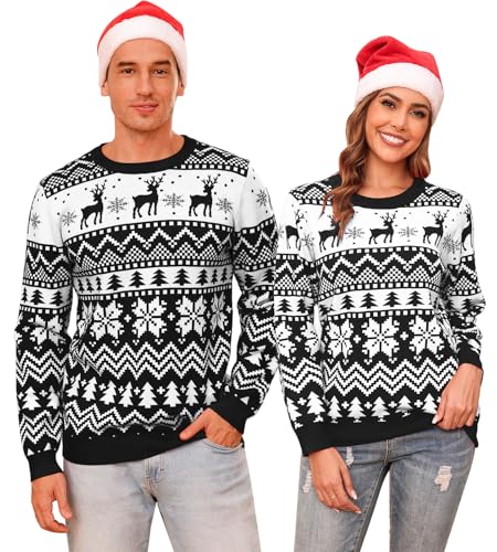 Aottori Weihnachten Pullover Damen Weihnachtspullover Familie Set Rentiermuster Weihnachtspulli Langarm Warm Strickpullover Unisex Christmas Sweater Schwarz L