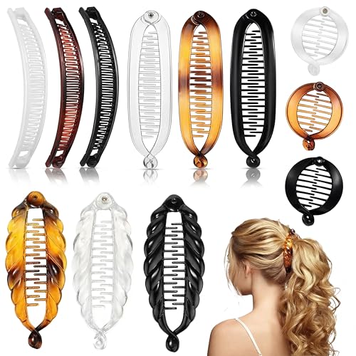 Chuangdi 12 Pcs Banana Clips Hair Clips for Women Classic Clincher Double Combs Large Fishtail Hair Banana Ponytail Holder, 4 Styles(Tortoiseshell Color, White, Clear, Black)