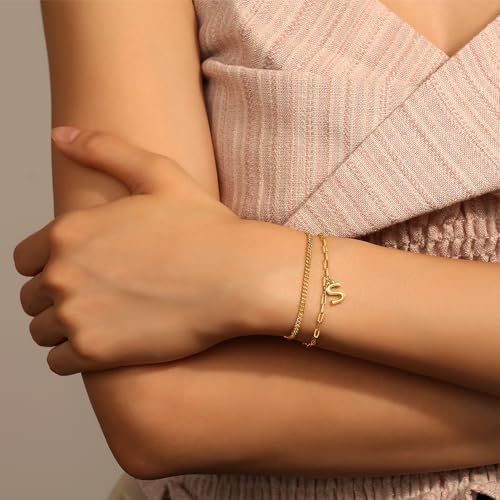 Gold Initial Bracelets for Women Gifts - Dainty 14K Gold Plated Layered Letter Bracelet Set Trendy Personalized A-Z Bracelets Jewelry Gifts for Her3