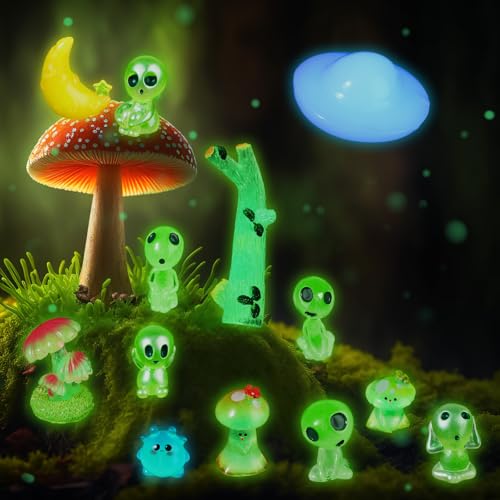 Image of Civaner 13 Pcs Alien Decor Glow in Dark Mini Alien Betta Fish Tank Decoration Fairy Garden Accessories Scary Decor Miniature Accessories Tree Elves for Garden Aquarium Dollhouse Table