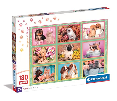 Clementoni Jigsaw Puzzle Puppies Collage 180 Pieces, Supercolor Puzzle For Children 7-9 Years, Cartoon, Realistic, Animals