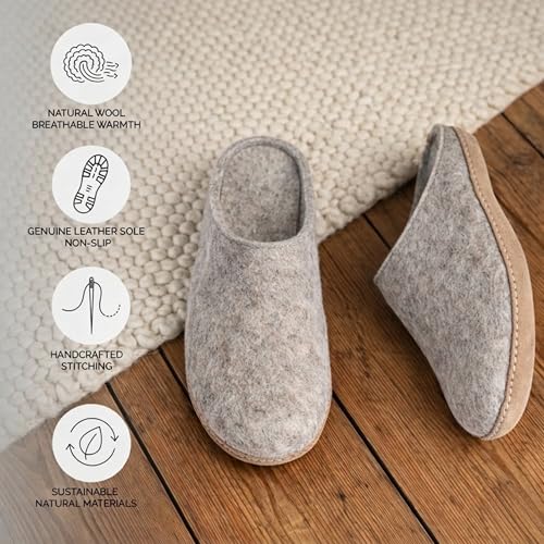 Image of Wool Felt Mule Slippers for Women & Men, Handmade 100% Natural Wool Backless House Shoes with Premium Suede Sole, Warm Breathable Indoor Slip-On