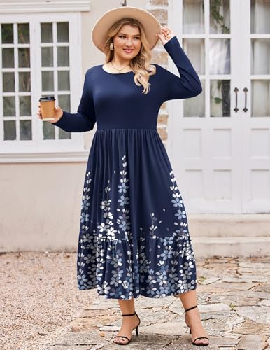 IN'VOLAND Women Plus Size Long Sleeve Dress Loose Casual Flowy Tiered Long Maxi Dresses with Pockets3