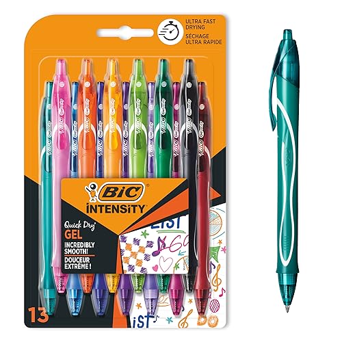 BIC Gel-ocity Quick Dry Bolígrafos retráctiles de Gel de punta media (0,7mm) - Colores Surtidos, Blíster de 13 Unidades – con tinta de...