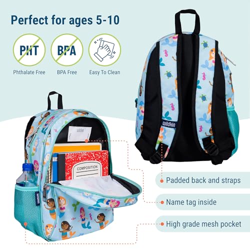 Image of Wildkin 15 Inch Backpack for Kids, Mermaids | Ages 5-10, padded straps, side water bottle pocket - coordinates with matching Wildkin lunch boxes and water bottles