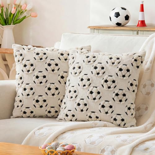 GODELAIF Soccer Throw Pillow Covers 18x18 Set of 2 - Cream White Velvet Pillow Cases for Couch Sofa Living Room & Bed Clean Modern Decor Soccer Pillowcase Sports Fan Gift