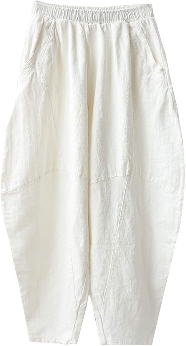 IXIMO Women's Cotton Linen Pants Casual Elastic Waist Lantern Slacks Loose Fit Baggy Patchwork Trousers - Image 2