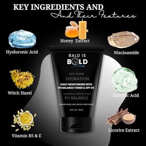 Image of BALD IS BOLD Daily Moisturizer with pH Toner & SPF 30 For Bald & Bold Head | Shaved Head & Bald Head Care| Healing & Protective, Hydrating, Non-Greasy, Lightweight Face & Scalp Cream | Reduces Wrinkles, Fine Lines, Dryness, Razor Bumps | Soothing Post-Shave Care for Bald Head | Anti-Aging & Sun Protection | Infused With Hyaluronic Acid, niacinamide, salicylic acid, Vitamin B5, Vitamin B3, Vitamin E, SPF 30, Witch Hazel,Goji Berry Extracts, Honey Extract, Apple Cider Vinegar, Sea Buckthorn, Shea & Cocoa Butter.100ml
