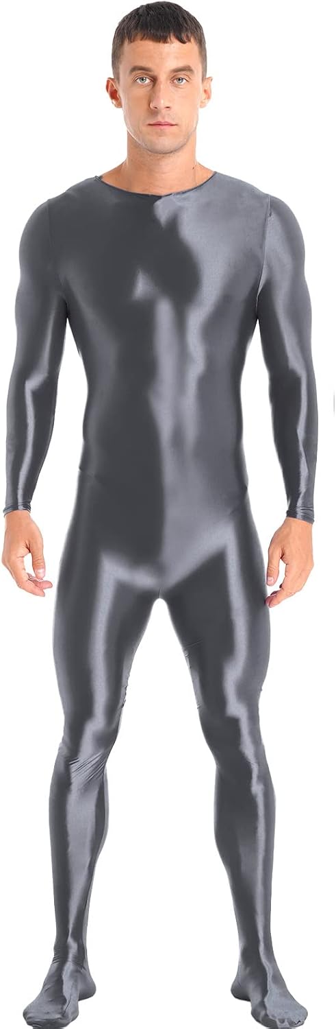 Bciopll Mens Glossy Bodysuits One Piece Swimming Bodysuit Swimwear Swimsuits Long Sleeve Zipper Bodystocking Jumpsuit Teddies Nightwear