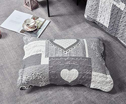 Brilliant Sunshine Grey Heart Love Patchwork, 2-Piece Quilt Set With 1 Sham, Reversible Bedspread, Soft Lightweight Coverlet, All-Season, Twin, Grey #TOP5