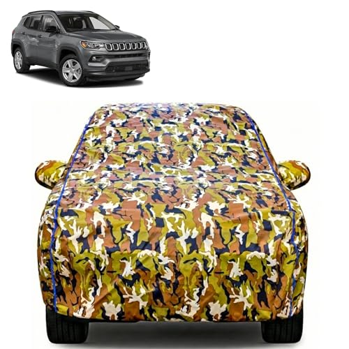 Image of Waterproof Car Body Cover for Jeep Compass BP with Mirror Pocket| Cotton Inner Lining | Triple Stitched | All Weather Protection | Dust, UV & Rain Proof (Camouflage with Blue Piping)