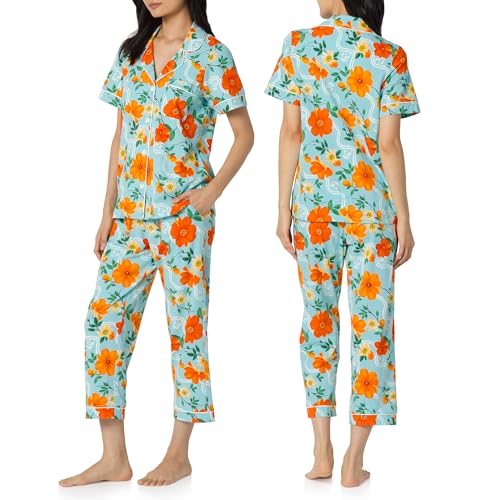Image of Bed Head PJs Womens Matching Pajamas - Soft Organic Cotton Button Down PJ Shirt & Cropped Pants Set - Loungewear & Sleepwear