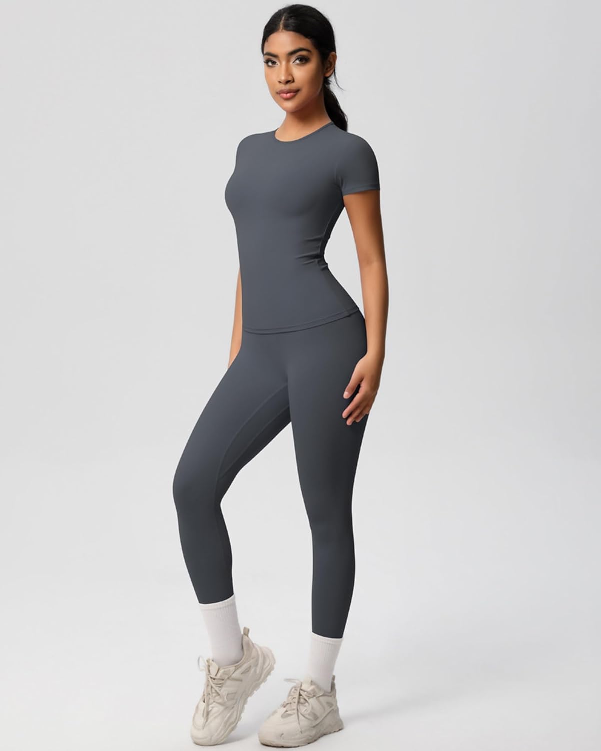 Yoga Sets for Women 2 Piece High Waist Butt Lift Leggings Slim Fit Round Neck Short Sleeve Gym Work Out Clothes