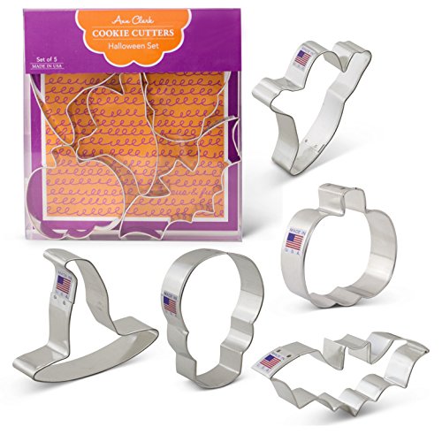 Halloween Cookie Cutters - 5 Piece Boxed Set - Pumpkin, Ghost, Skull, Bat, Witch's Hat - Ann Clark - US Tin Plated Steel