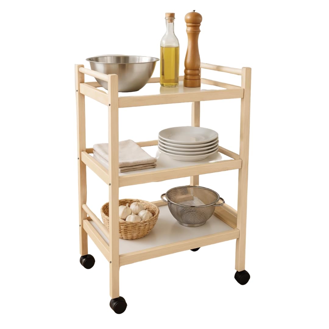 Carrello Multiuso, 3 Ripiani, 100% Legno Faggio, 28x40xh64.5 cm, Con Rotelle
