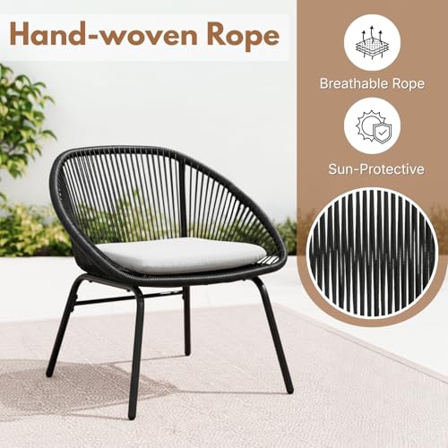 Image of DEVOKO 3-Piece Outdoor Rope All-Weather Water-Resistant Cushion with Glass Top Table Metal Frame Perfect for Garden, Balcony, Terrace, Patio(Black & Grey)
