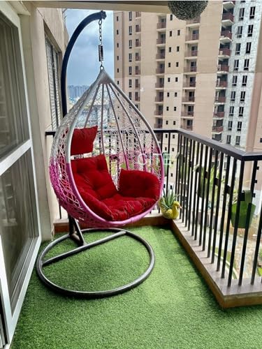 Image of Single Seater Swing Chair with Stand and Cushion Hammock Swing for Adult Outdoor Indoor Garden Living Room Balcony Hanging Chair (Pink & White)