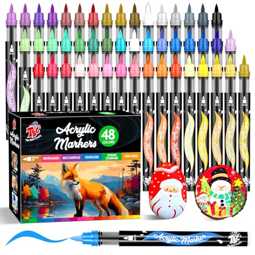 TBC The Best Crafts 48 Colors Acrylic Paint Markers Brush Tip, Acrylic Paint Pens Automatic Ink Control，No-Bleed Acrylic Markers Set for Rock, Fabric, Canvas, Wood, Art Supplies for Adults