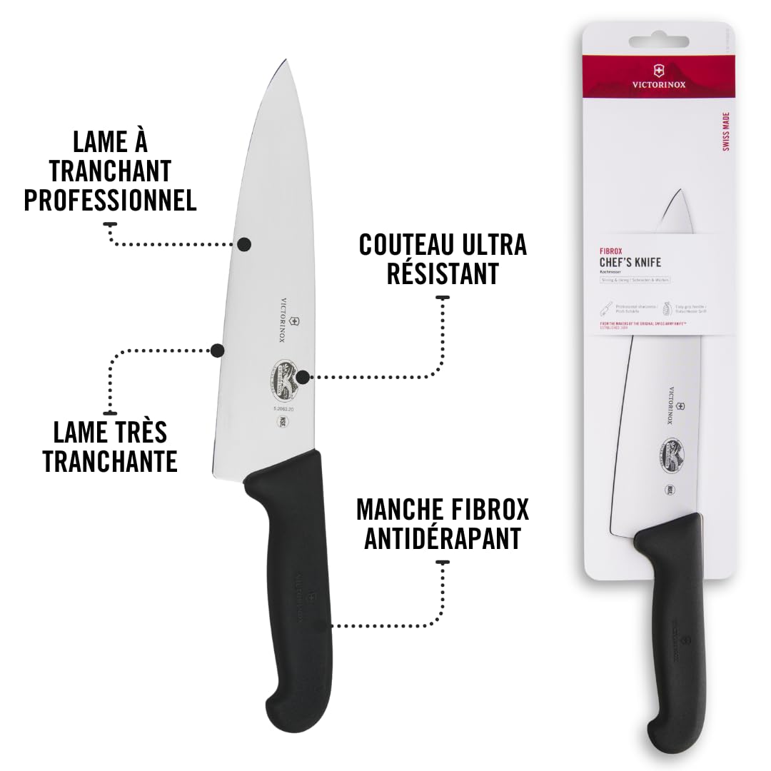 Victorinox Fibrox Couteau de chef, Large couteau universel pour viande, poisson, légumes et herbes, 20 cm, Lame lisse, Tranchant, Inox, Noir