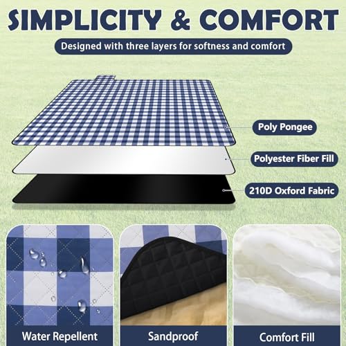 Ergohortus Picknickdecke wasserdicht, Extra große Picknickmatte 200x200 cm, sandabweisend waschbar Camping Stranddecke, Campingzubehör für Outdoor-Aktivitäten, Blau