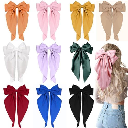 SUQ 10PCS Big Bow Hair Clips, Arcos de Pelo Satén de Gran Tamaño, Barrette Francesa de Color Sólido, Accesorios para el Cabello Bowknot con Cinta de Cola Larga, Arco Pelo Gigante para Mujeres Niñas