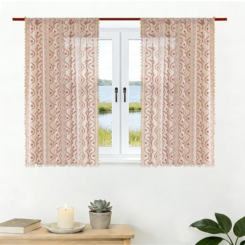 Image of Short Cafe Curtains for Small Window 45 Inch 2 Panels,Beige Floral Terracotta Boho Kitchen Curtain,Mid Century Bedroom Drapes with Tassel Decor,Beige and Rust Orange