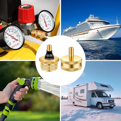 Image of 5PCS RV Antifreeze Brass Blow Out Plug for Winterization, RV Blowout Winterizing Adapter Fitting with Tire Valve for Travel Trailer Camper, Air Hose Compatible with Schrader Valve to 3 /4 Garden Hose