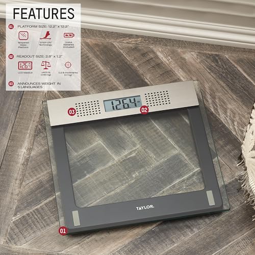 Image of Taylor Talking Bathroom Scale for Seniors, 440 lb Capacity Glass Digital Body Weight Scale with Loud Voice Readout, Gray