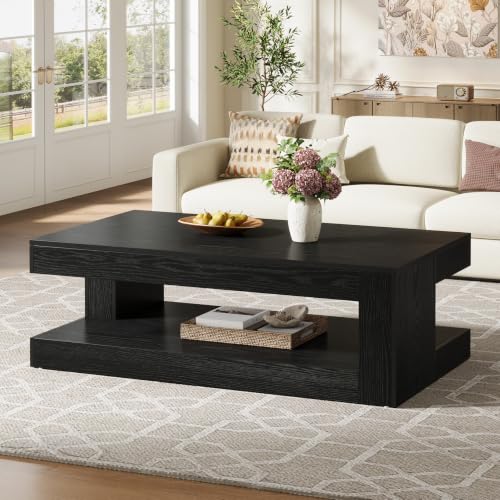 Image of Tribesigns Coffee Table for Living Room, 47.24 Inch Farmhouse 2-Tier Accent Center Tea Cocktail Table with Storage, Rectangle, Black