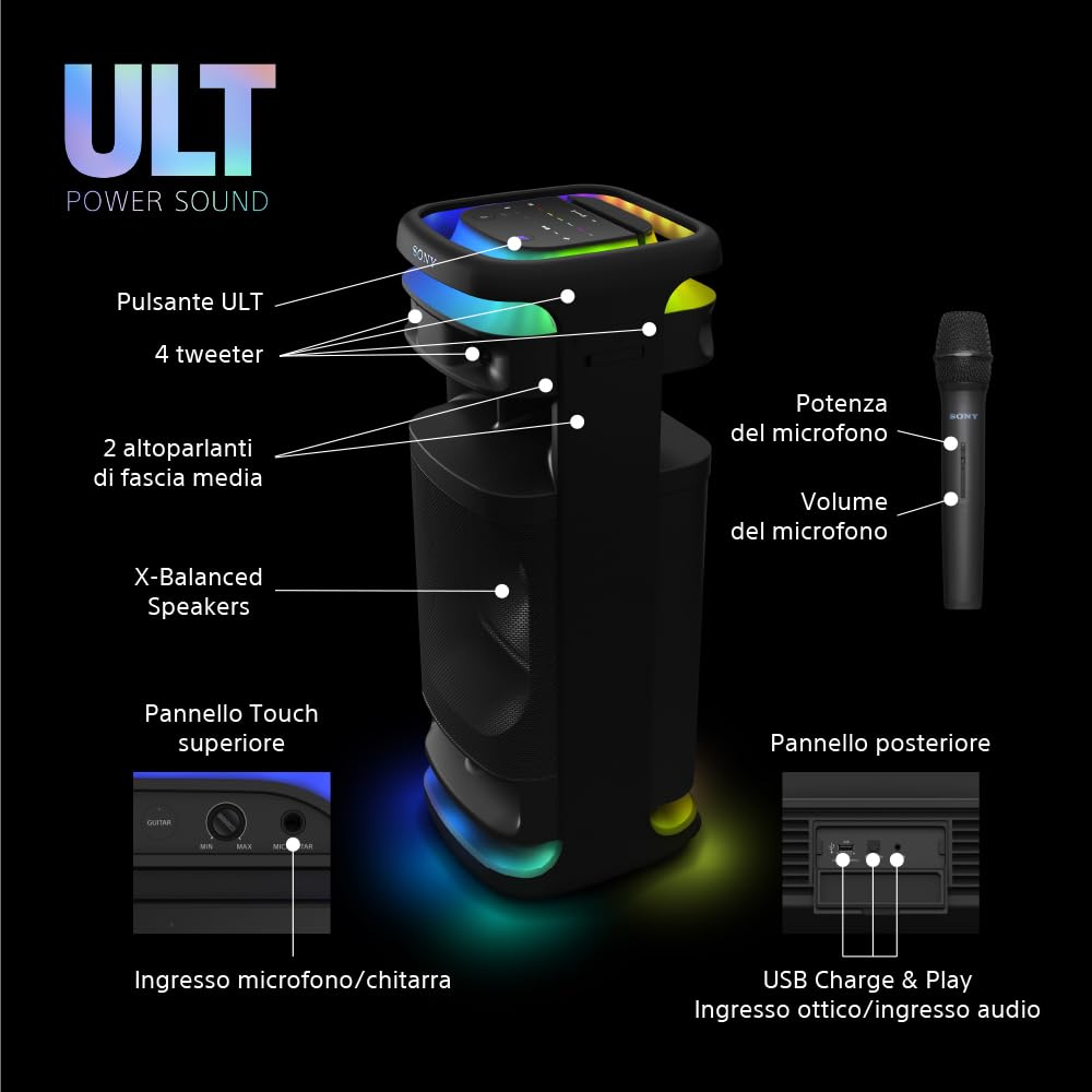 Sony ULT TOWER 10 - Altoparlante Bluetooth per feste con ULT POWER SOUND, bassi profondi, altoparlanti X-Balanced, luci a LED a 360 gradi, microfono wireless, portatile, con maniglia e ruote - Black