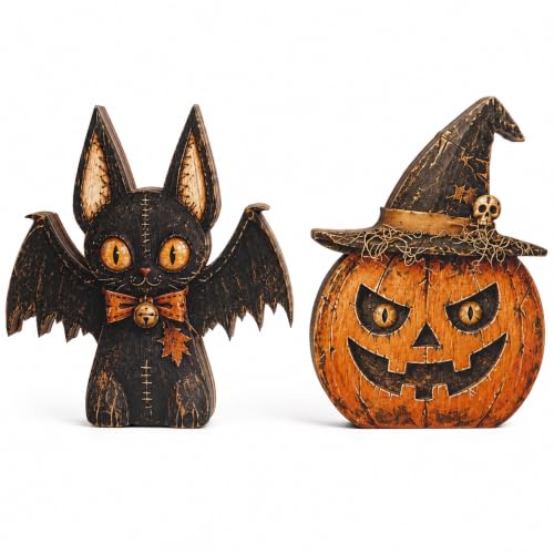Vintage Halloween Decor Set of 2 Wooden Black Cat Bat Pumpkin Table Signs