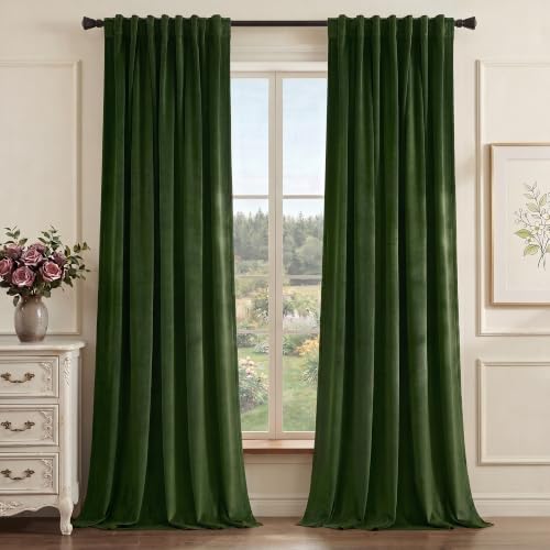 Image of StangH Green Velvet Curtains 96 Inch Length 2 Panels Luxury Thick Drapes