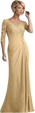 Mother of Bride Dresses for Women Long Chiffon Lace 3/4 Sleeves Mother of The Groom Dresses Formal