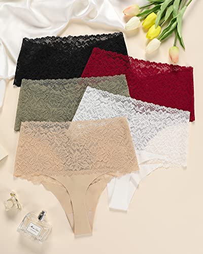 Image of SHARICCA Women Seamless High Waist Underwear Sexy Floral Lace Thong Soft Comfortable Panties Pack