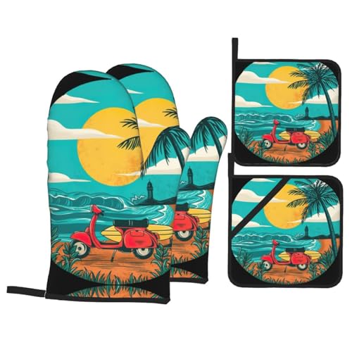 Sunset Beach - Juego de 4 piezas de cocina con estampado de palmeras resistentes al calor, soportes para ollas