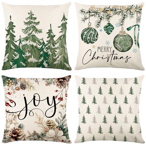 Weihnachts-Kissenbezüge, 45,7 x 45,7 cm, Set mit 4 Kissenbezügen, Weihnachtsbäume, Schneeflocke, Freude, dekorative Kissenbezüge, Dekoration für Sofa, Couch